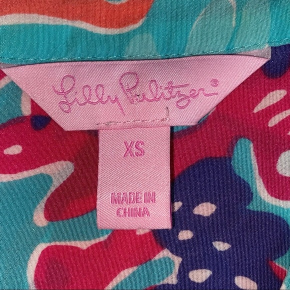 Lilly Pulitzer 100% Silk Floral Long Roll Sleeve Tabs Popover Henley Blouse 4599 - Picture 6 of 9